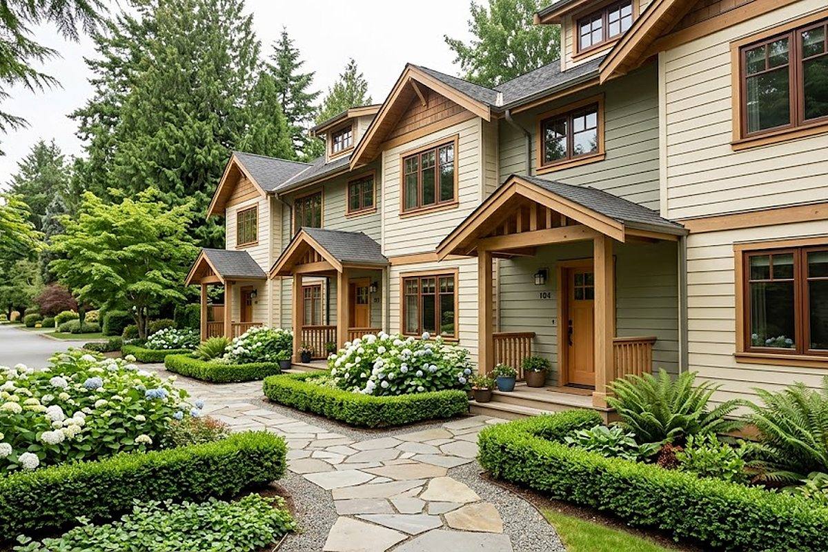 A row of two-storey townhouses with individual covered entries, low hedges and a stone path.